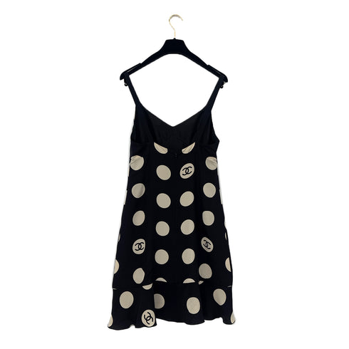 CHANEL VINTAGE POLKA DOT PATTERN SLEEVELESS DRESS COCOMARK BLACK SILK 38 97P RTW 90291324 - PURPOSE