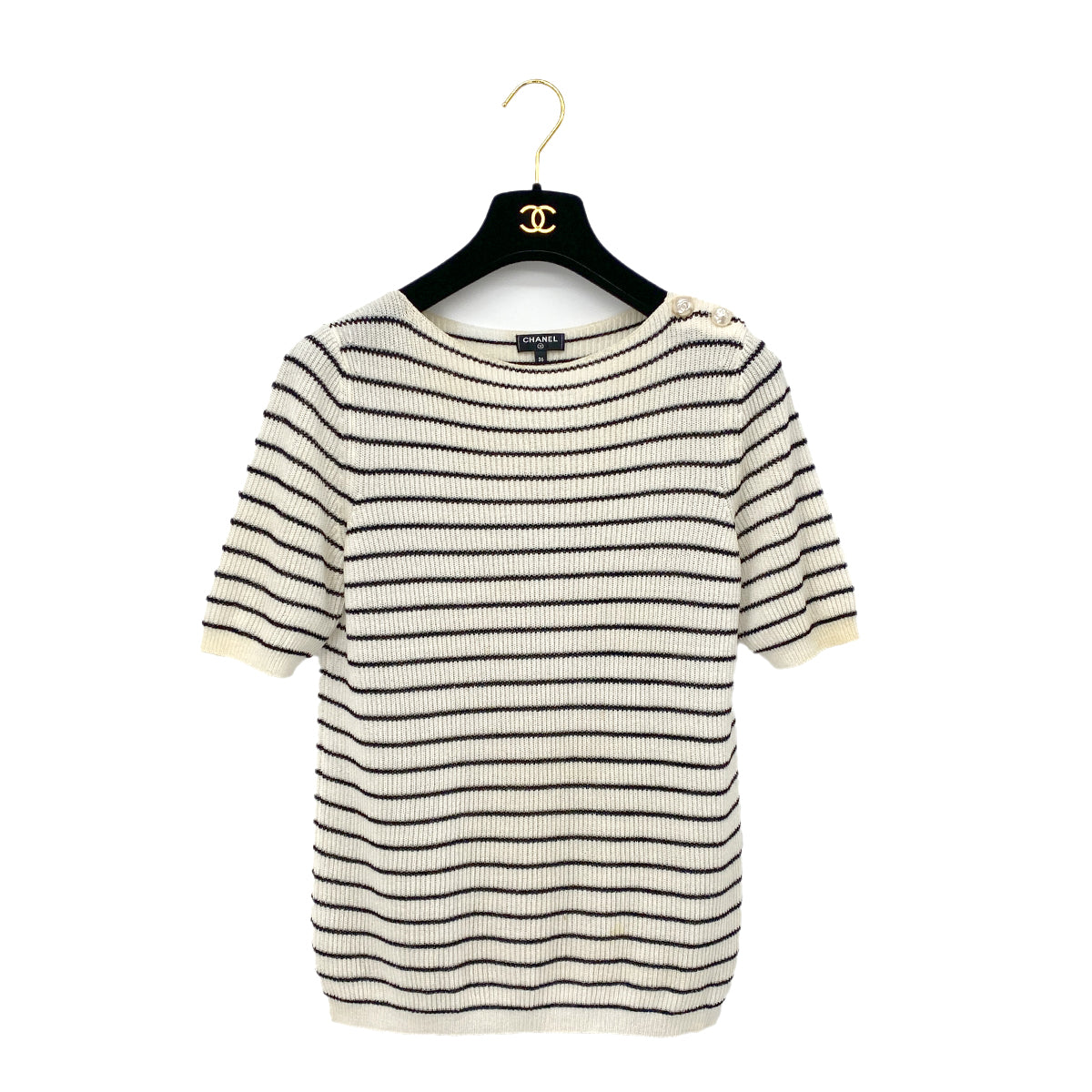 CHANEL COCO BUTTON HALF SLEEVE BODER TOPS WHITE BLACK POLYESTER 36 P56 RTW 90291325