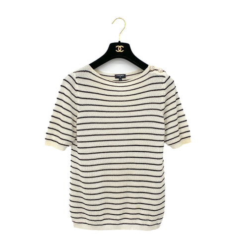 CHANEL COCO BUTTON HALF SLEEVE BODER TOPS WHITE BLACK POLYESTER 36 P56 RTW 90291325