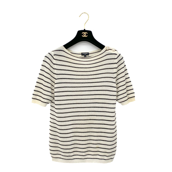 CHANEL COCO BUTTON HALF SLEEVE BODER TOPS WHITE BLACK POLYESTER 36 P56 RTW 90291325