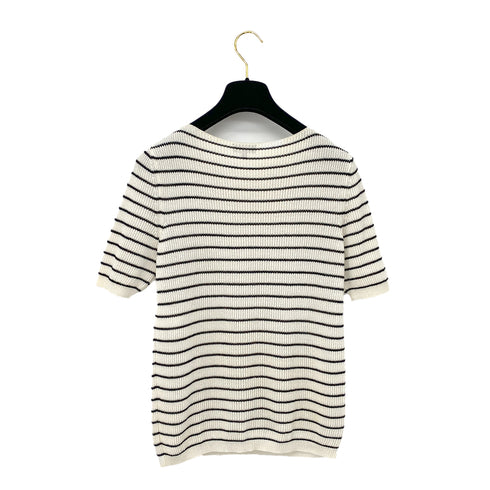 CHANEL COCO BUTTON HALF SLEEVE BODER TOPS WHITE BLACK POLYESTER 36 P56 RTW 90291325