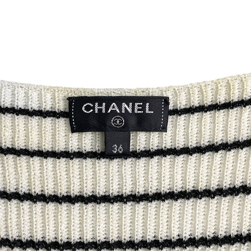 CHANEL COCO BUTTON HALF SLEEVE BODER TOPS WHITE BLACK POLYESTER 36 P56 RTW 90291325