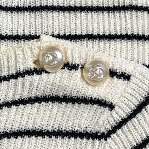 CHANEL COCO BUTTON HALF SLEEVE BODER TOPS WHITE BLACK POLYESTER 36 P56 RTW 90291325