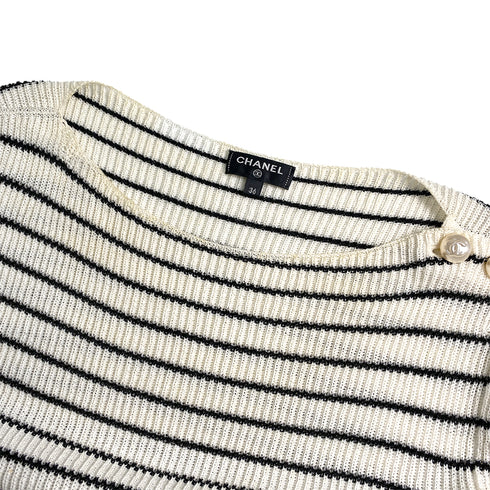 CHANEL COCO BUTTON HALF SLEEVE BODER TOPS WHITE BLACK POLYESTER 36 P56 RTW 90291325