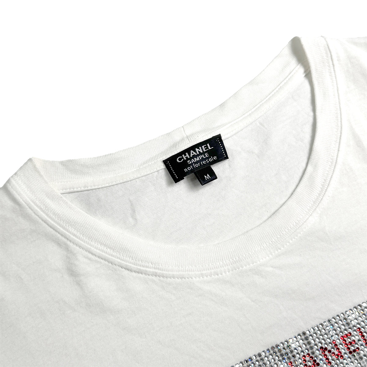 CHANEL LOGO RHINESTONE T-SHIRT WHITE COTTON M C63 RTW 90291326