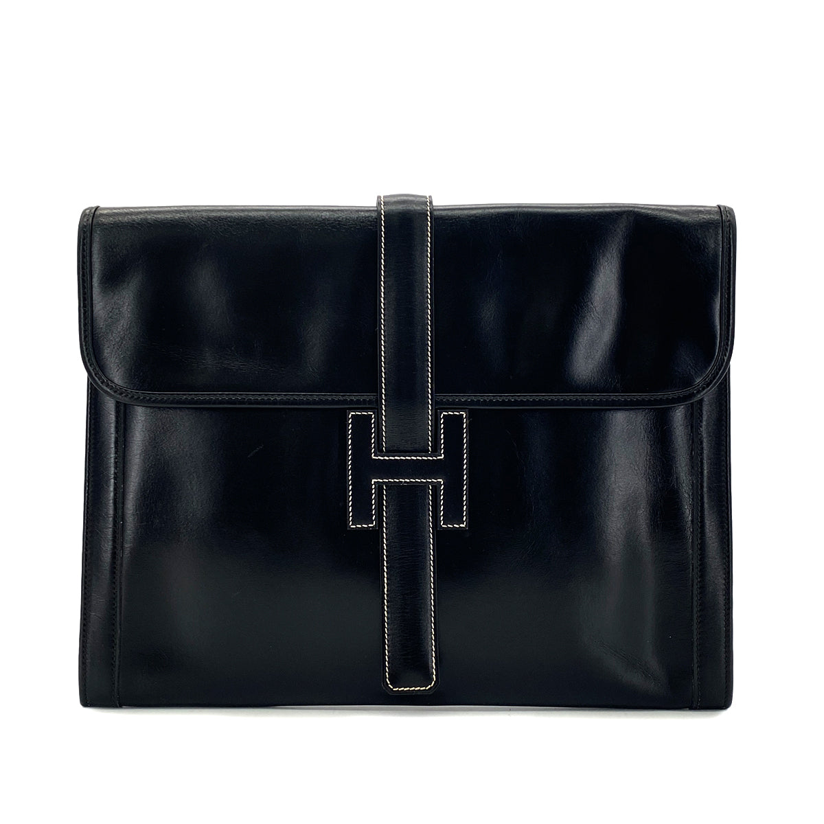 HERMES JIGE GM BLACK BOXCALF CLUTCH BAG 〇O 90291368