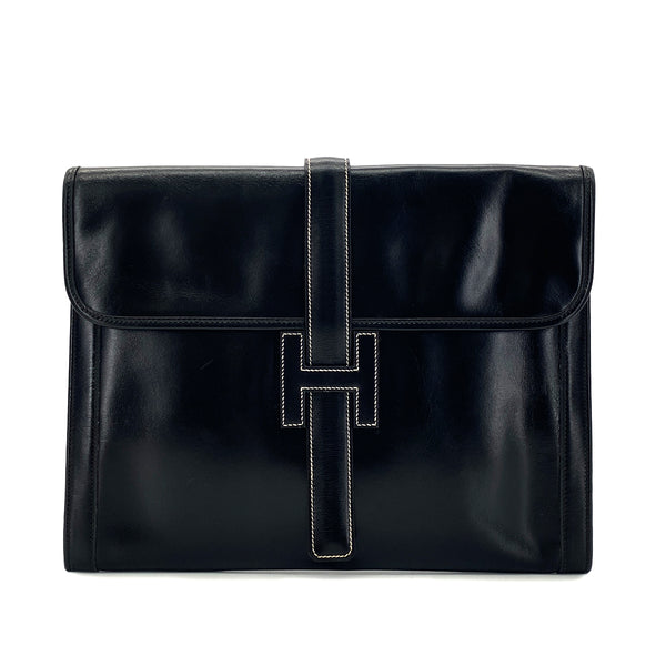 HERMES JIGE GM BLACK BOXCALF CLUTCH BAG 〇O 90291368 - PURPOSE