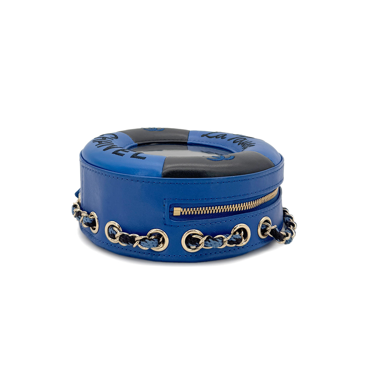 CHANEL LA PAUSA COCO MARK LIFESAVER ROUND CHAIN SHOULDER BAG BLUE BLACK VINYL LEATHER 90291372