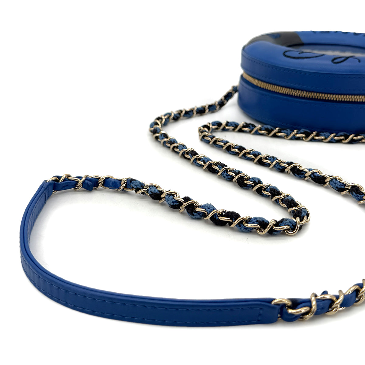 CHANEL LA PAUSA COCO MARK LIFESAVER ROUND CHAIN SHOULDER BAG BLUE BLACK VINYL LEATHER 90291372