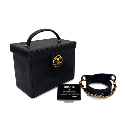 CHANEL VINTAGE TURN LOCK 2WAY VANITY HAND SHOULDER BAG BLACK CAVIAR SKIN 90291379