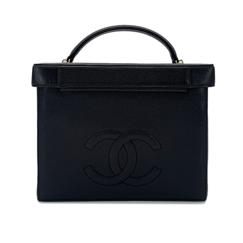 CHANEL VINTAGE TURN LOCK 2WAY VANITY HAND SHOULDER BAG BLACK CAVIAR SKIN 90291379