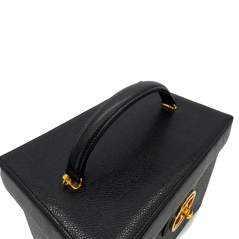 CHANEL VINTAGE TURN LOCK 2WAY VANITY HAND SHOULDER BAG BLACK CAVIAR SKIN 90291379