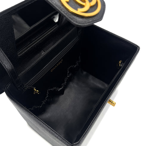 CHANEL VINTAGE TURN LOCK 2WAY VANITY HAND SHOULDER BAG BLACK CAVIAR SKIN 90291379