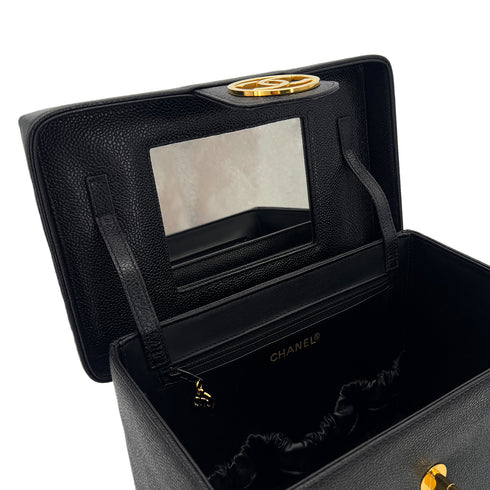 CHANEL VINTAGE TURN LOCK 2WAY VANITY HAND SHOULDER BAG BLACK CAVIAR SKIN 90291379