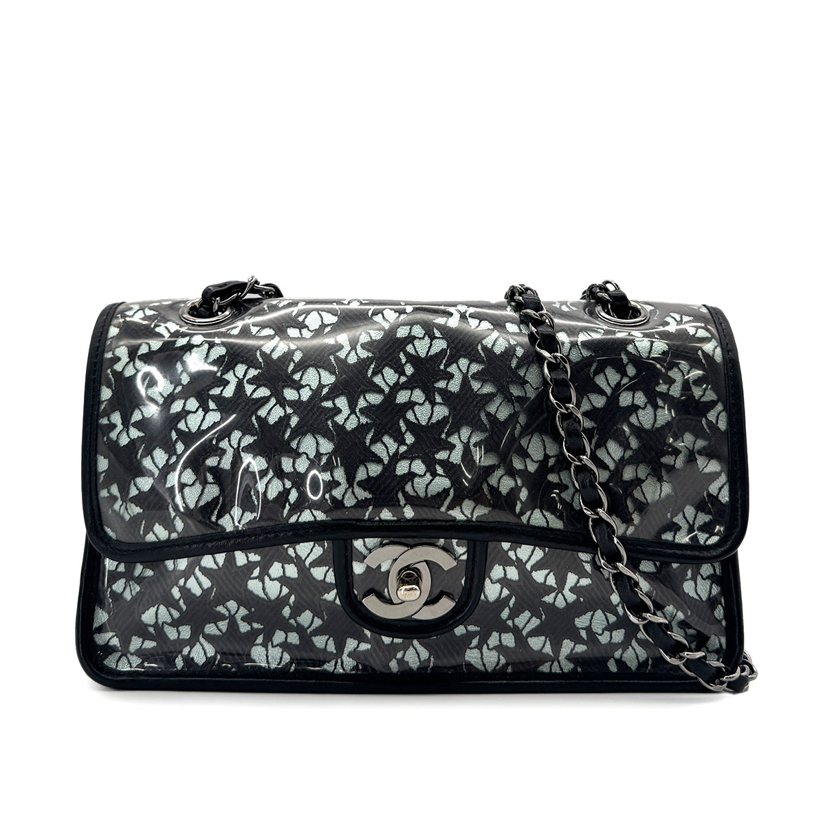 CHANEL VINTAGE TURN LOCK STAR LEACE CHAIN TOTE BAG CLEAR BLACK VINYL 90291463