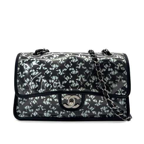 CHANEL VINTAGE TURN LOCK STAR LEACE CHAIN TOTE BAG CLEAR BLACK VINYL 90291463 - PURPOSE