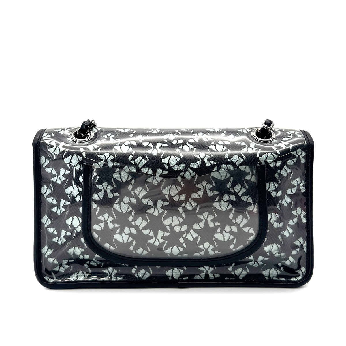CHANEL VINTAGE TURN LOCK STAR LEACE CHAIN TOTE BAG CLEAR BLACK VINYL 90291463