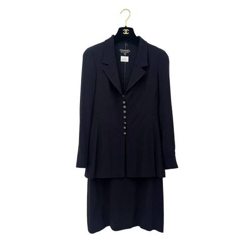 CHANEL VINTAGE SUIT JACKET SKIRT SET LOGO BUTTON NAVY WOOL 40 97P RTW 90291468