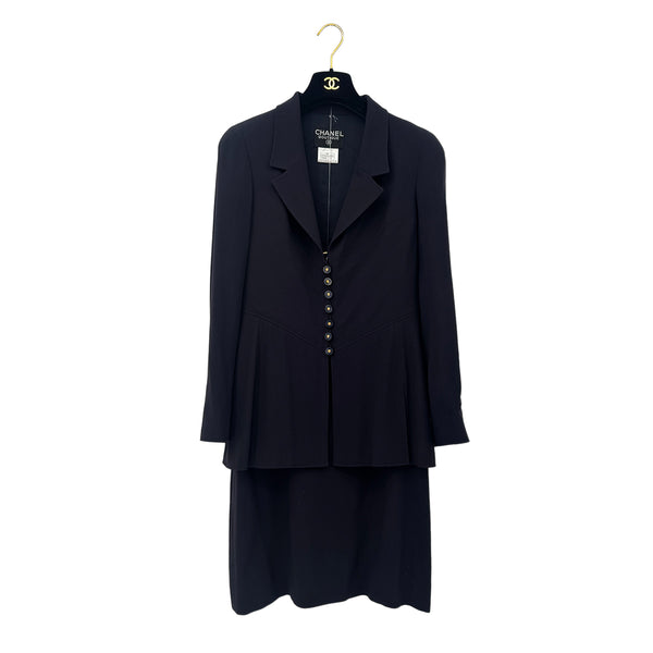 CHANEL VINTAGE SUIT JACKET SKIRT SET LOGO BUTTON NAVY WOOL 40 97P RTW 90291468