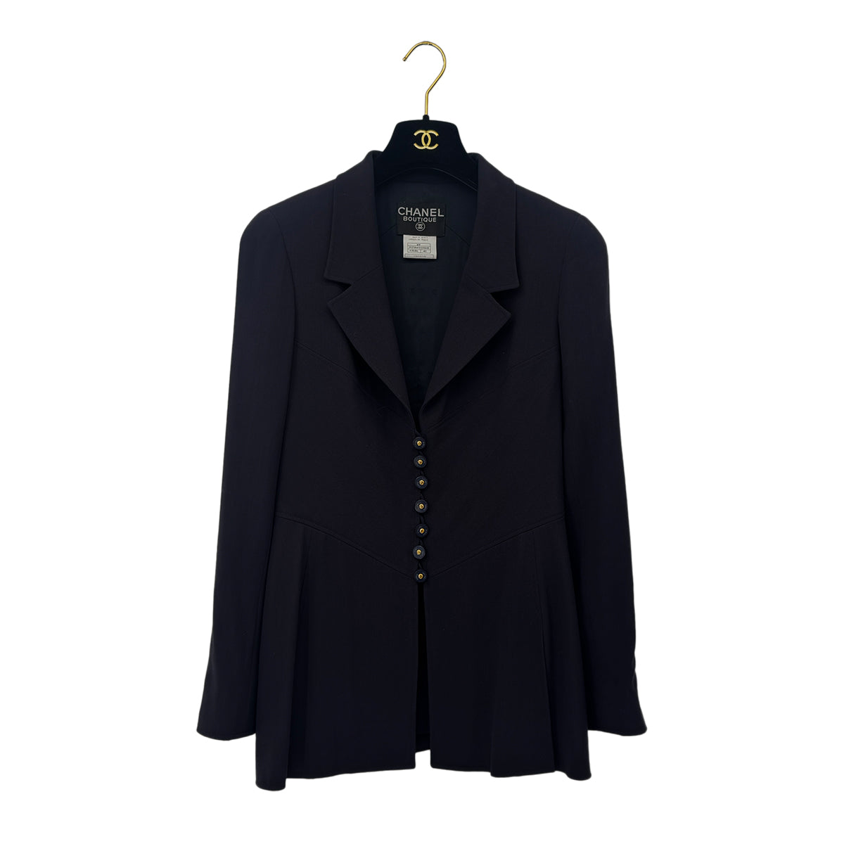 CHANEL VINTAGE SUIT JACKET SKIRT SET LOGO BUTTON NAVY WOOL 40 97P RTW 90291468