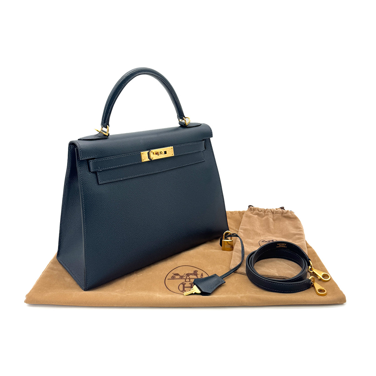 HERMES KELLY 28 SELLIER BLUE MARINE COUCHEVEL HAND SHOULDER BAG □D GHW 90291875