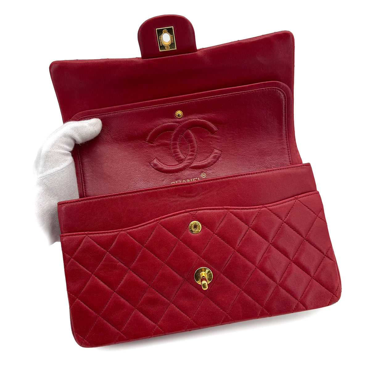 CHANEL VINTAGE CLASSIC FLAP MEDIUM CHAIN SHOULDER BAG RED LAMB SKIN 90291884
