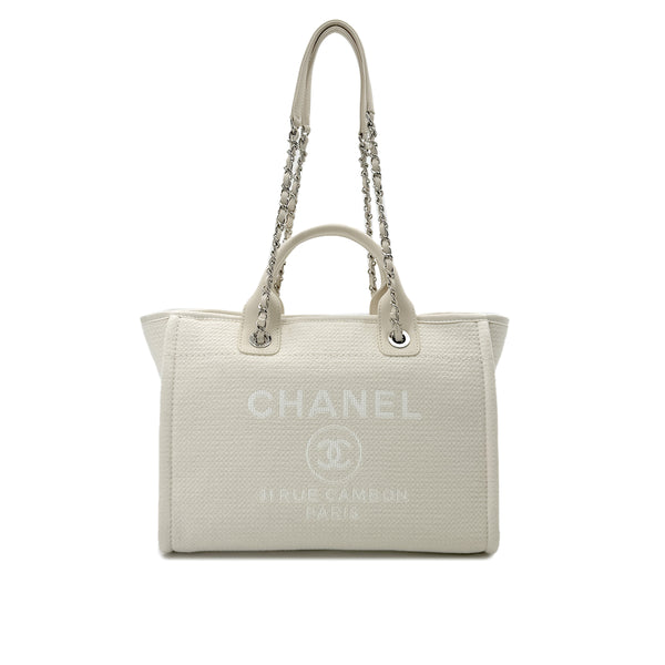 CHANEL DEAUVILLE MM 31 RUE CAMBON CHAIN TOTE BAG LOGO COCOMARK IVORY CANVAS LEATHER 90291886 - PURPOSE