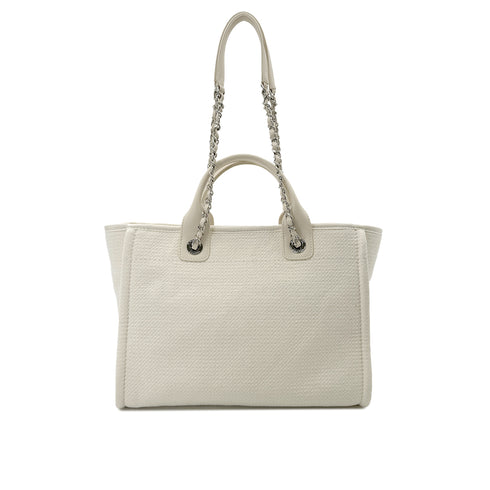 CHANEL DEAUVILLE MM 31 RUE CAMBON CHAIN TOTE BAG LOGO COCOMARK IVORY CANVAS LEATHER 90291886 - PURPOSE