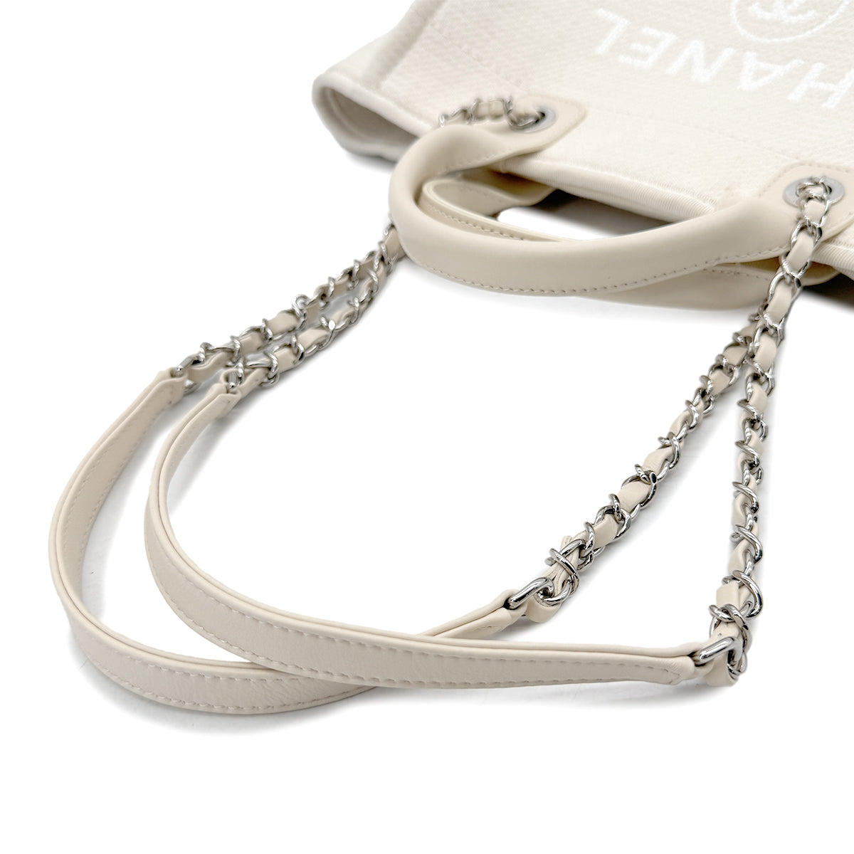 CHANEL DEAUVILLE MM 31 RUE CAMBON CHAIN TOTE BAG LOGO COCOMARK IVORY CANVAS LEATHER 90291886