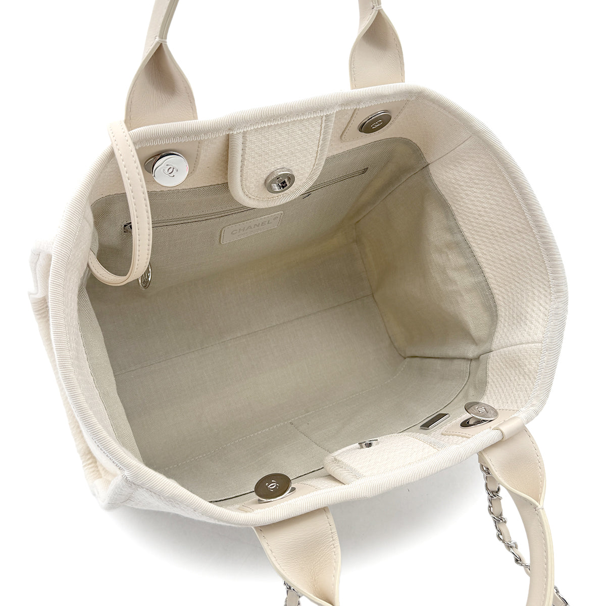 CHANEL DEAUVILLE MM 31 RUE CAMBON CHAIN TOTE BAG LOGO COCOMARK IVORY CANVAS LEATHER 90291886