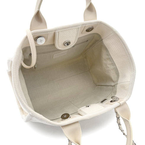 CHANEL DEAUVILLE MM 31 RUE CAMBON CHAIN TOTE BAG LOGO COCOMARK IVORY CANVAS LEATHER 90291886 - PURPOSE