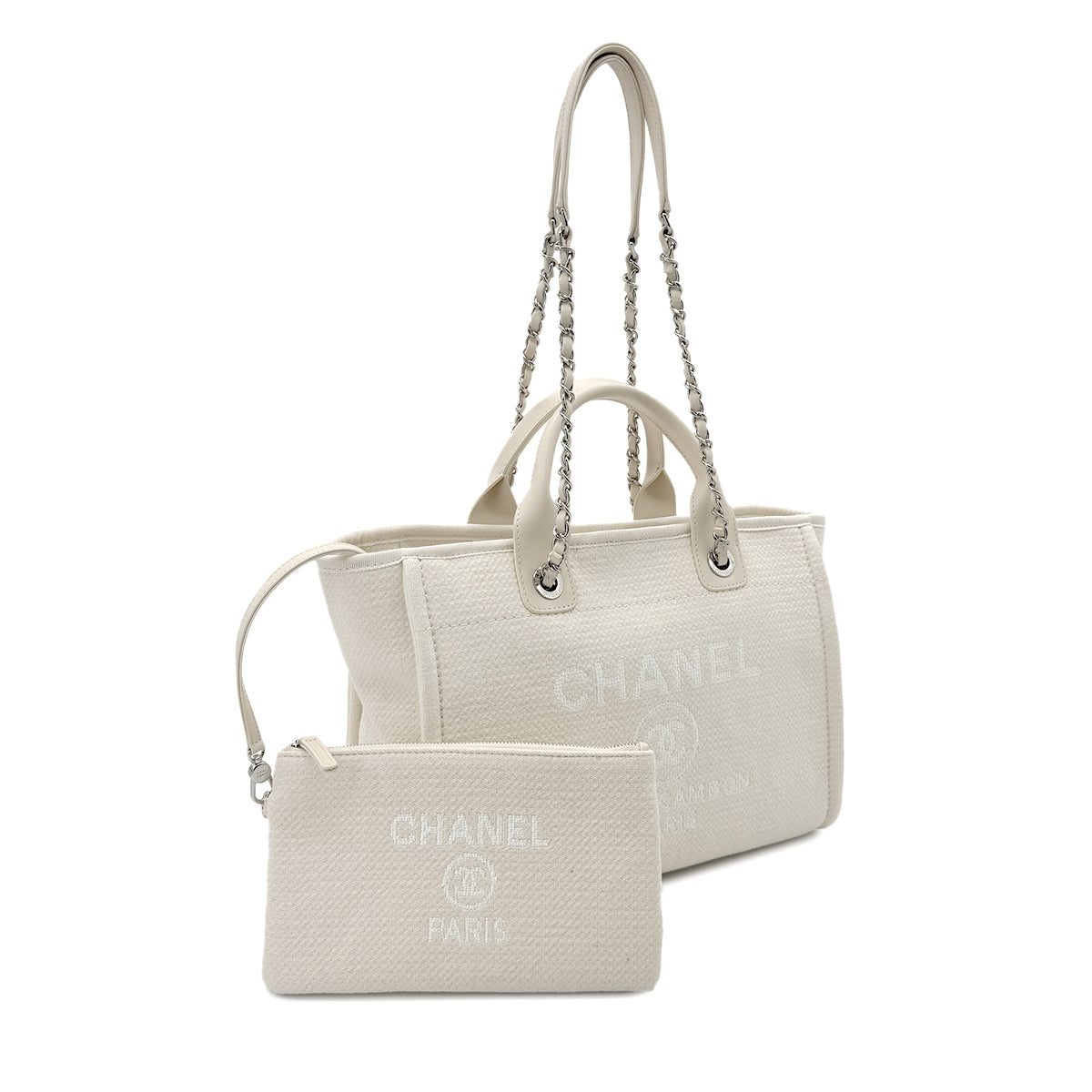CHANEL DEAUVILLE MM 31 RUE CAMBON CHAIN TOTE BAG LOGO COCOMARK IVORY CANVAS LEATHER 90291886