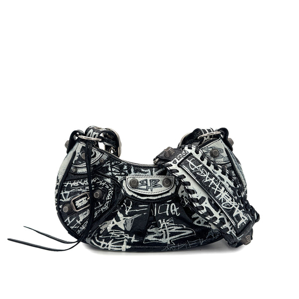 BALENCIAGA LE CAGOLE XS SHOULDER BAG BLACK WHITE LEATHER 90291890