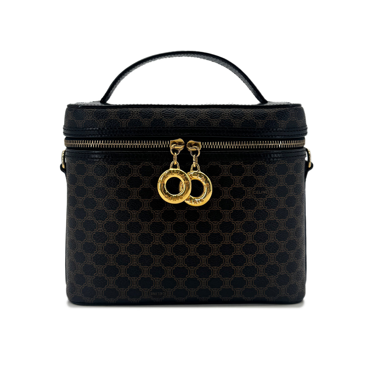 CELINE VINTAGE MACADAM 2WAY VANITY HAND SHOULDER BAG BLACK LEATHER PVC 90291892