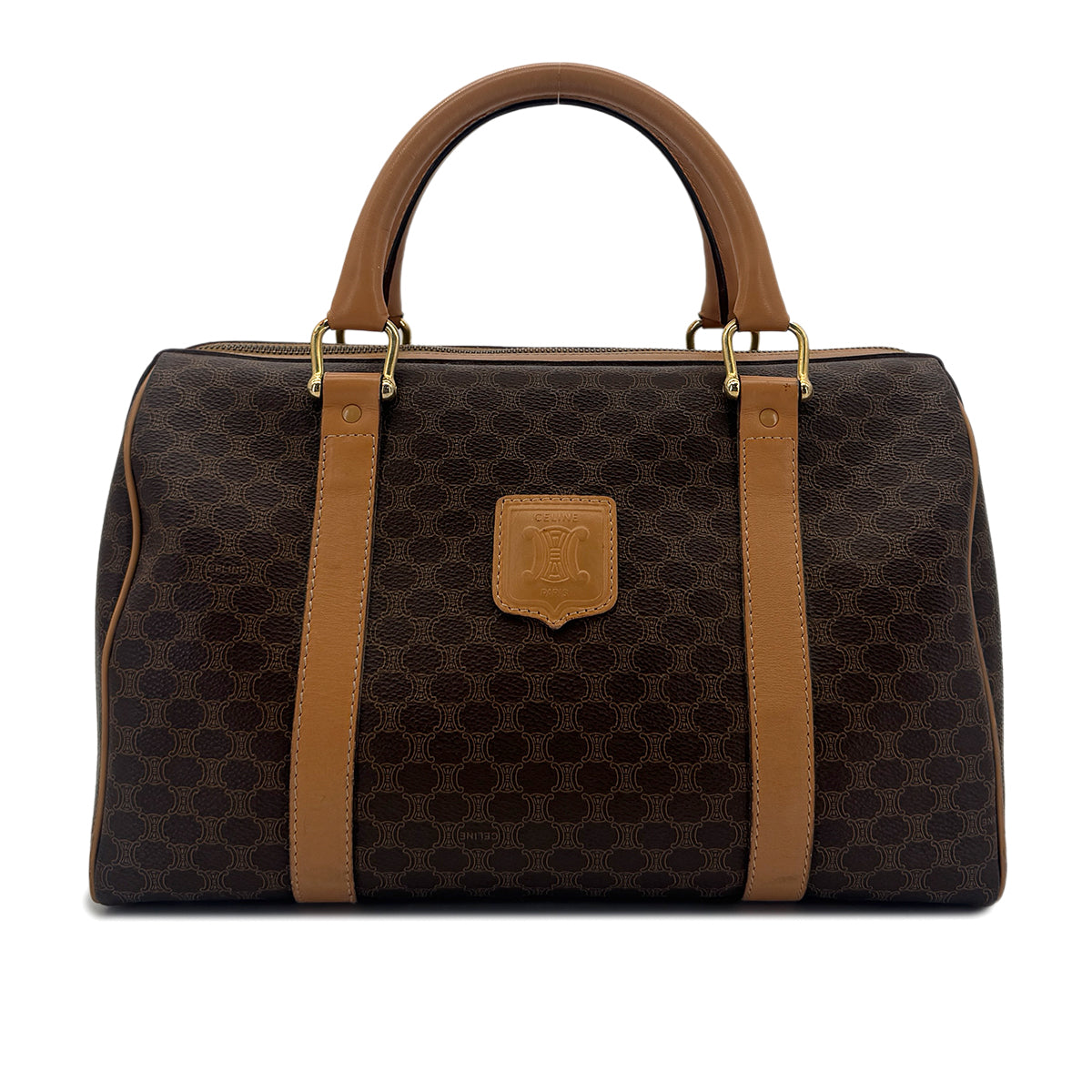 CELINE VINTAGE MACADAM HAND BAG BROWN LEATHER PVC 90291893