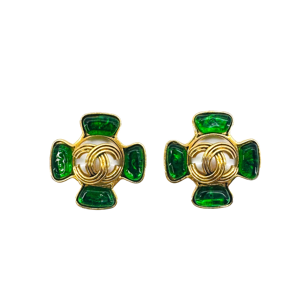 CHANEL VINTAGE EARRINGS GRIPORE COCOMARK FAUX PEARL STONE GREEN GOLD ACCESSORY 94A 90291908