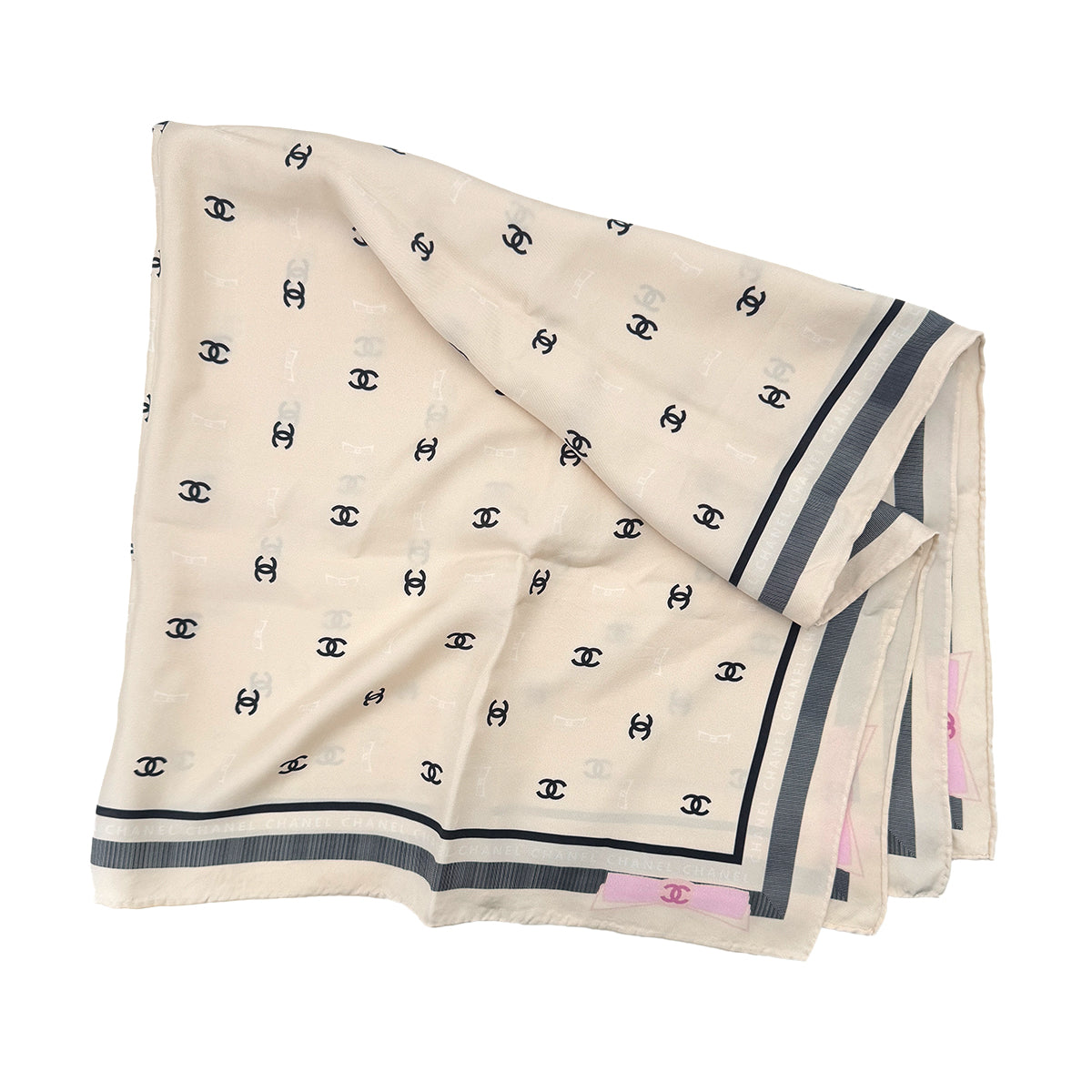 CHANEL VINTAGE COCOMARK PATTERN SCARF BEIGE BLACK SILK 90291910