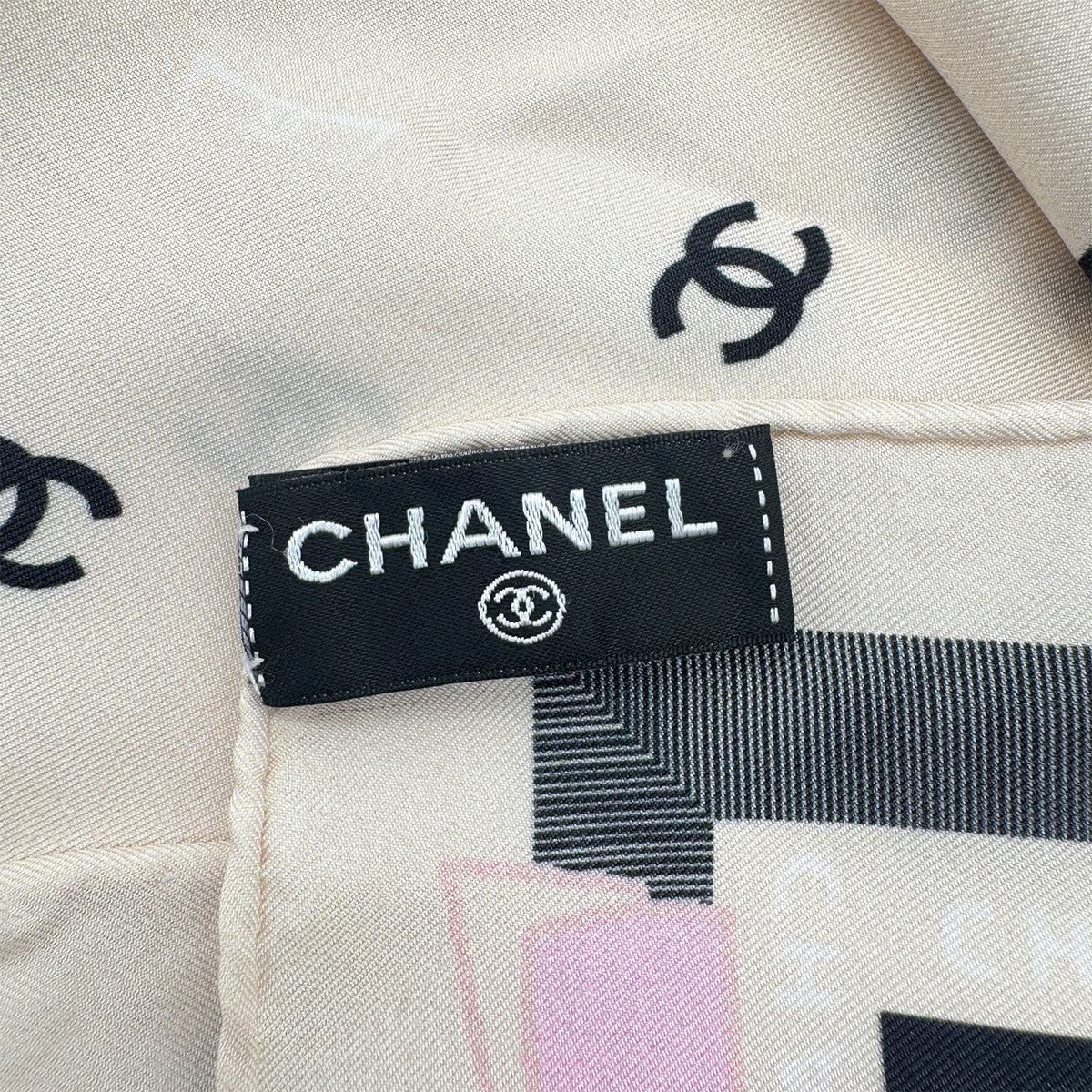 CHANEL VINTAGE COCOMARK PATTERN SCARF BEIGE BLACK SILK 90291910