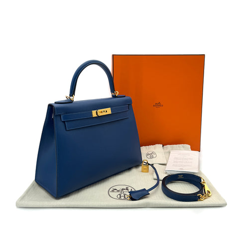 HERMES KELLY 28 SELLIER DEEP BLUE VEAU MADAME HAND SHOULDER BAG B GHW 90292046 - PURPOSE