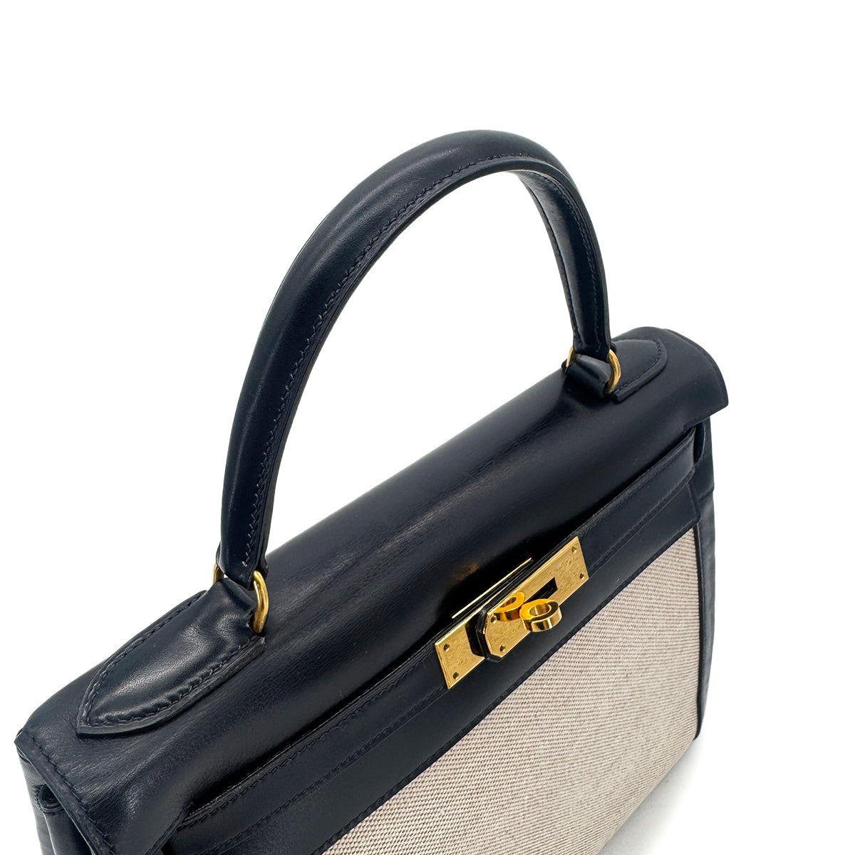 HERMES KELLY 28 BLUE INDIGO BOXCALF TOILE H HAND SHOULDER BAG 〇C GHW 90292060