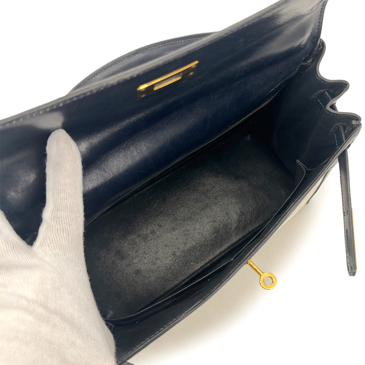 HERMES KELLY 28 BLUE INDIGO BOXCALF TOILE H HAND SHOULDER BAG 〇C GHW 90292060