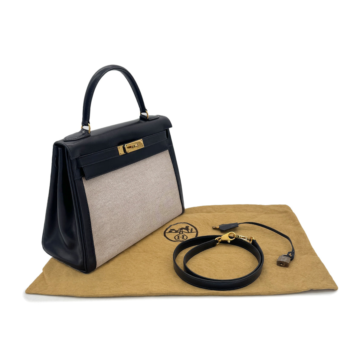 HERMES KELLY 28 BLUE INDIGO BOXCALF TOILE H HAND SHOULDER BAG 〇C GHW 90292060
