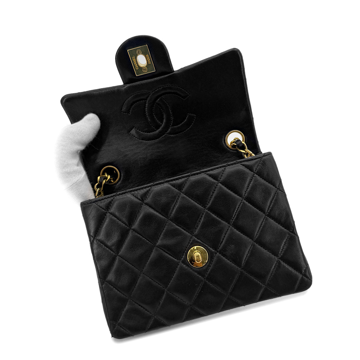 CHANEL VINTAGE MINI SQUARE 17 CHAIN SHOULDER BAG BLACK LAMB SKIN 90292086