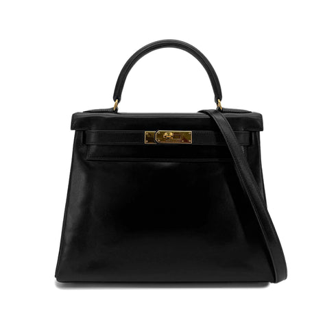 HERMES KELLY 28 RETOURNE BLACK BOXCALF HAND SHOULDER BAG 〇W GHW 90292095 - PURPOSE