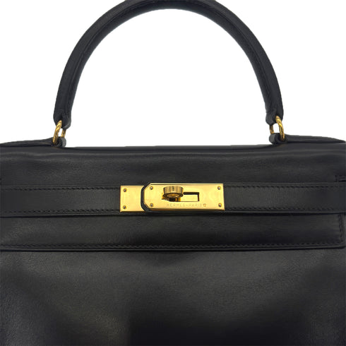 HERMES KELLY 28 RETOURNE BLACK BOXCALF HAND SHOULDER BAG 〇W GHW 90292095 - PURPOSE