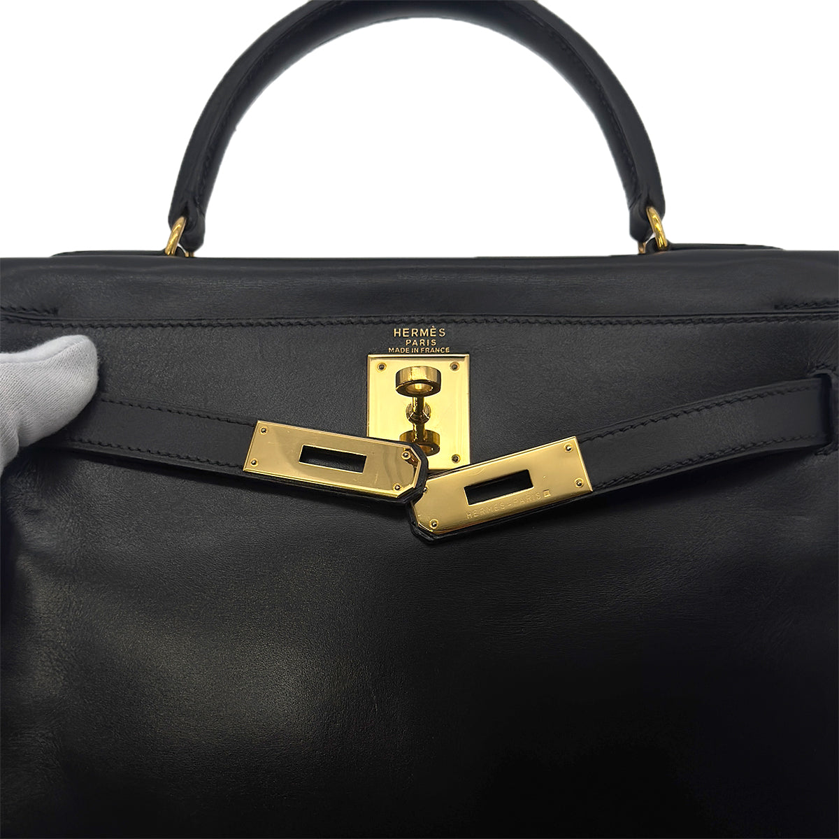 HERMES KELLY 28 RETOURNE BLACK BOXCALF HAND SHOULDER BAG 〇W GHW 90292095