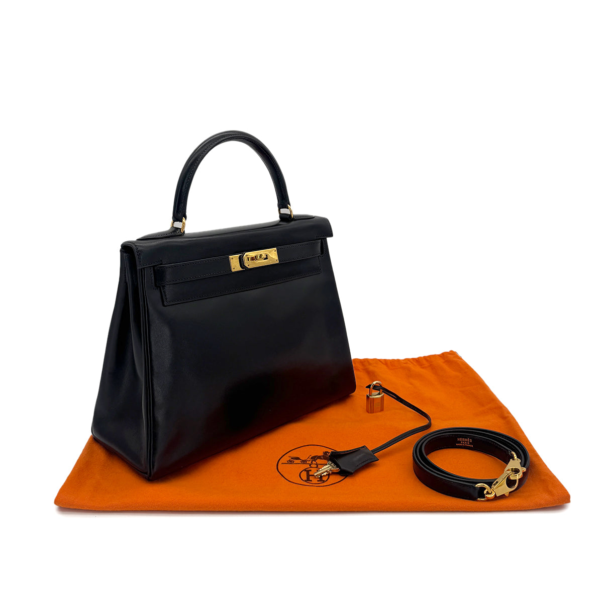 HERMES KELLY 28 RETOURNE BLACK BOXCALF HAND SHOULDER BAG 〇W GHW 90292095