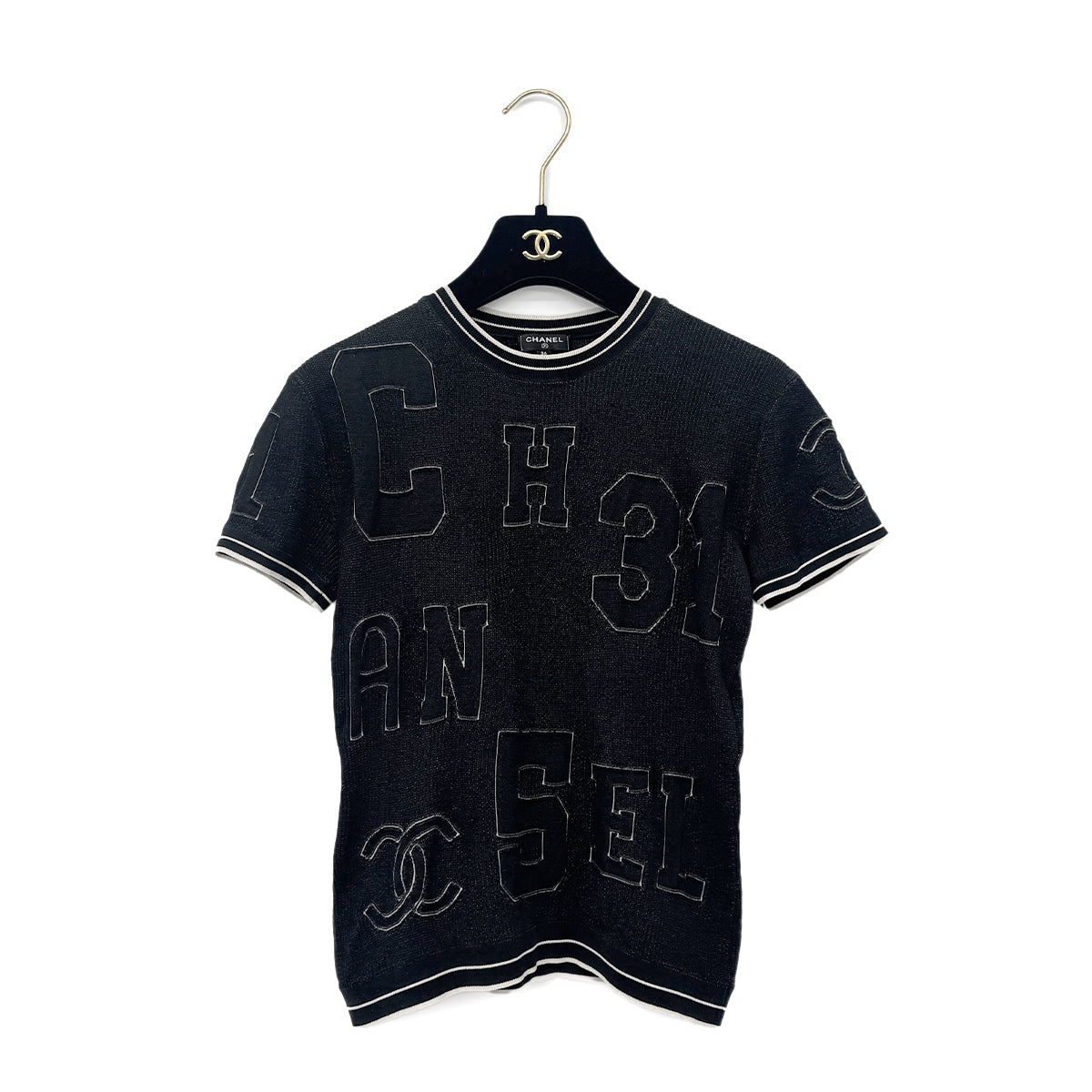 CHANEL SHORT SLEEVE RIB KNIT TOPS COCOMARK BLACK SILK 36 P61 RTW 90292100