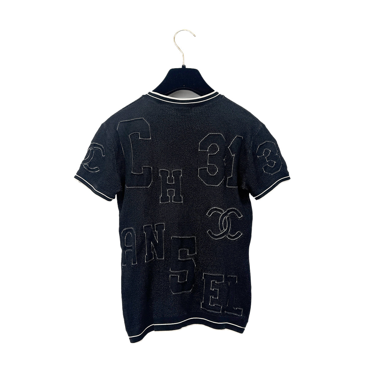 CHANEL SHORT SLEEVE RIB KNIT TOPS COCOMARK BLACK SILK 36 P61 RTW 90292100
