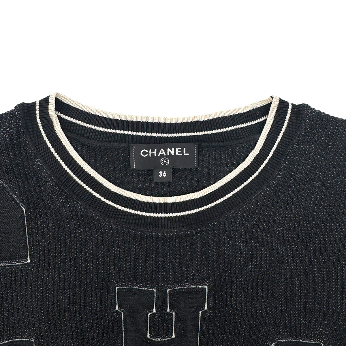 CHANEL SHORT SLEEVE RIB KNIT TOPS COCOMARK BLACK SILK 36 P61 RTW 90292100